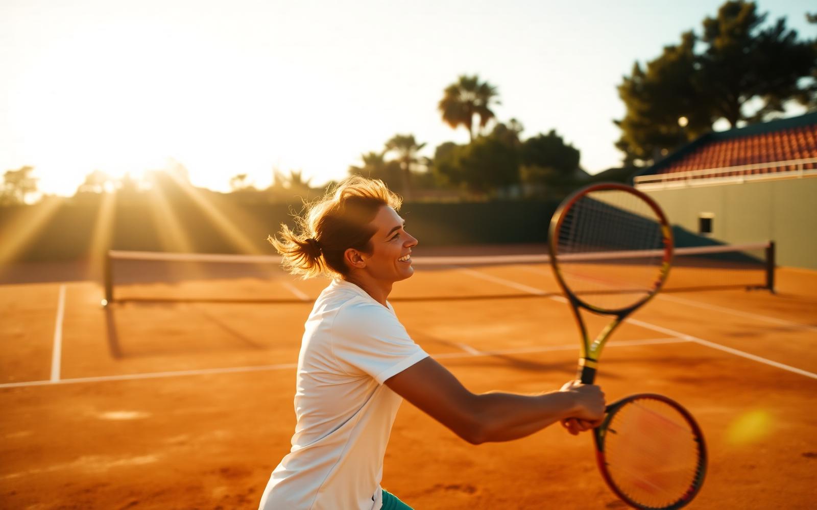 Tennis player on a clay court at golden hour